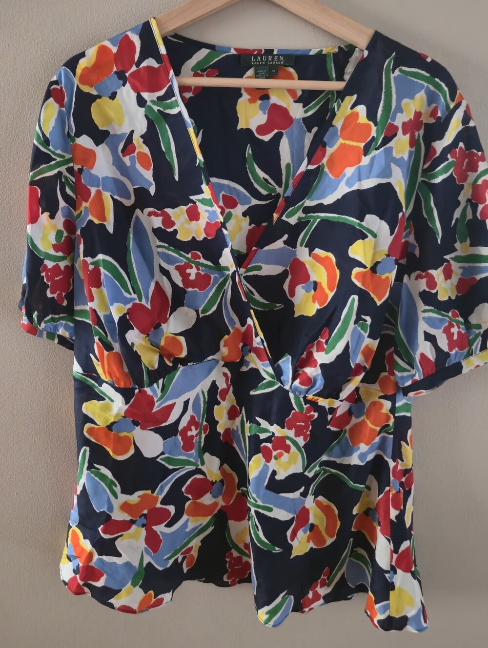 Lauren by Ralph Lauren Silk Navy/Multiclor Floral Wrap Front Blouse